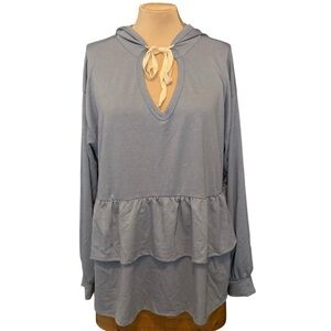 BiBi‎ Blue Tiered Lightweight Knit Top with Hoodie and Ruffle Details